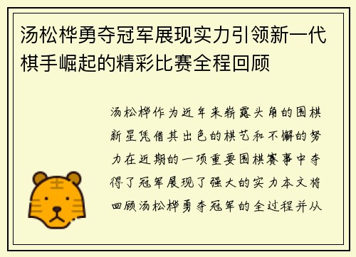 汤松桦勇夺冠军展现实力引领新一代棋手崛起的精彩比赛全程回顾